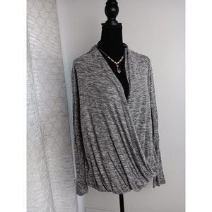 Tahari Wrap Top Women's  Medium Cross Front Space Dye Blouse Gray White